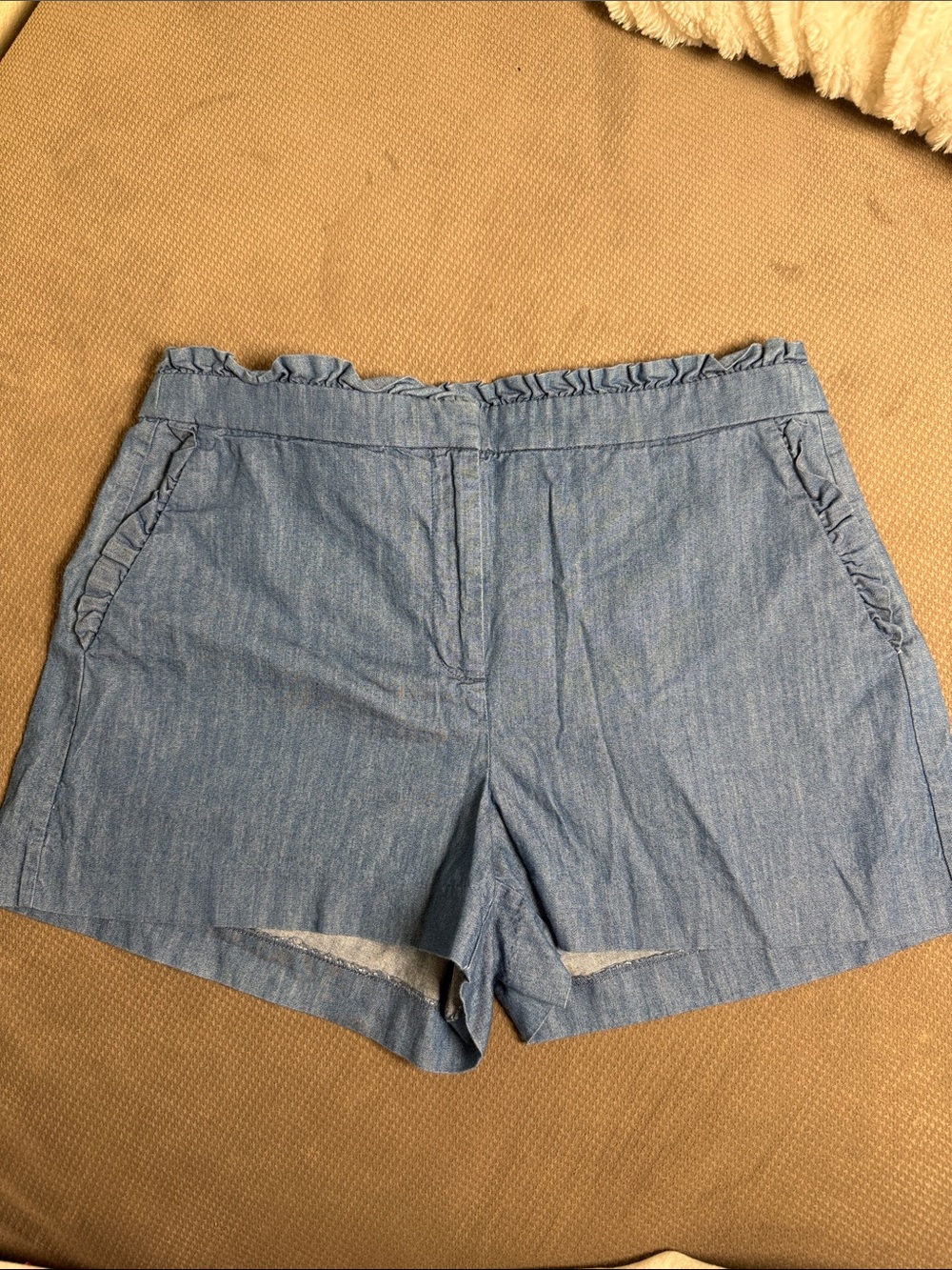 J. Crew Chambray Ruffle-Waist Shorts - Light Blue